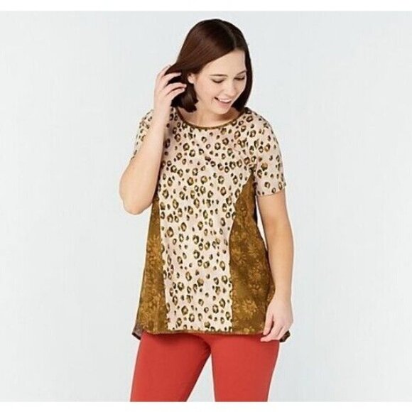 LOGO by Lori Goldstein Print Blocked Cotton Modal Hi-Low Hem Top Olive Branch,S - Picture 1 of 1